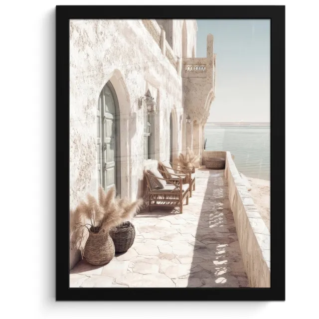 FrameYourWall Poster in lijst - Fotolijst 30x40 cm - Posters - Terras - Stoelen - Strand - Beige - Posterlijst zwart - Decoratie - Wanddecoratie woonkamer - Muurdecoratie slaapkamer Huis - Stoelen - Strand