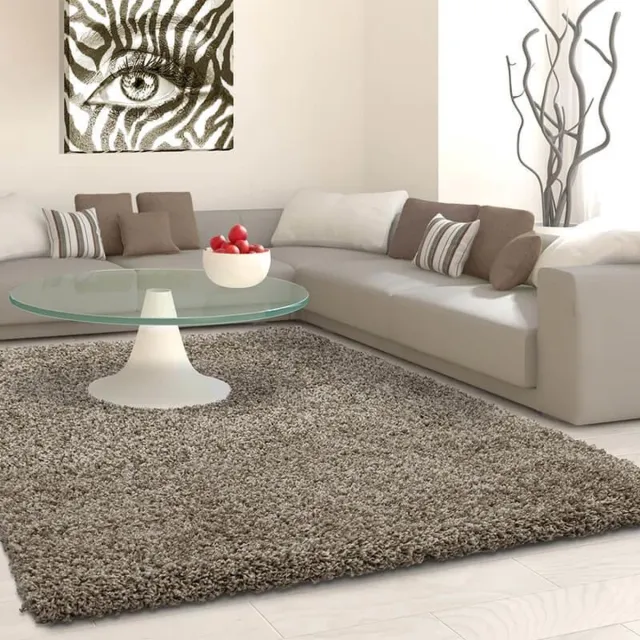 Ayyildiz Hoogpolig vloerkleed, effen kleur - taupe, vloerkleed voor de woonkamer, jute achterkant, afmeting: 60 x 110 cm