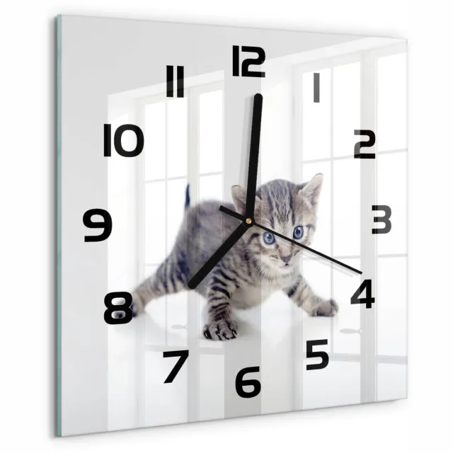 TULUP Wandklok - Kleine kat Wandklok Glas Decoratie - 30x30 cm - Grijs Gekleurde Glazen Klok - Zwarte handen - Vierkante Klok - Klok Glas Met Opdruk - Moderne Wandklok Glas