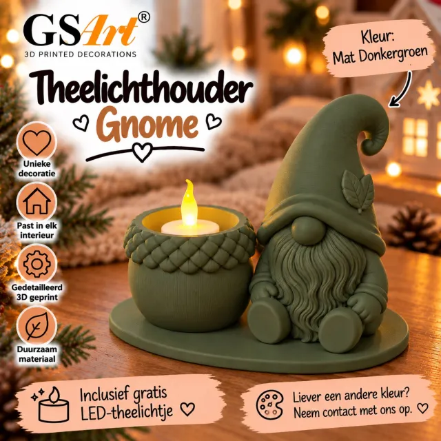 GSArt Theelichthouder Gnome – Inclusief LED Theelichtje – 3D Geprint - Mat Donkergroen