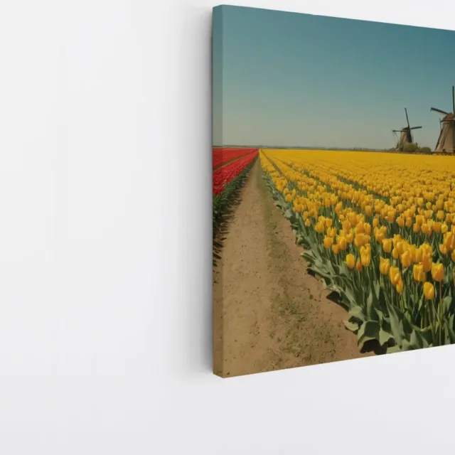 Saammp Canvas Schilderij - Landschap - Rode en gele tulpen- Natuur - 100x100 - Foto op canvas - Wanddecoratie - Muurdecoratie Woonkamer - Slaapkamer decoratie - Canvas Print Multicolor