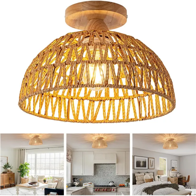 NCRealher Boho Rotan Plafondlamp - Boho-Lamp - Kroonluchter Met Houten Voet - Rotan Kroonluchters En Plafondlampen Beige