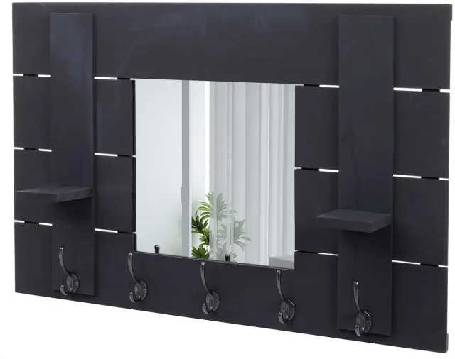 MCW Wandkapstok MCW-C89 met spiegel, kapstokpaneel, shabby-look vintage, 5 haken 90x60cm ~ donkergrijs, shabby