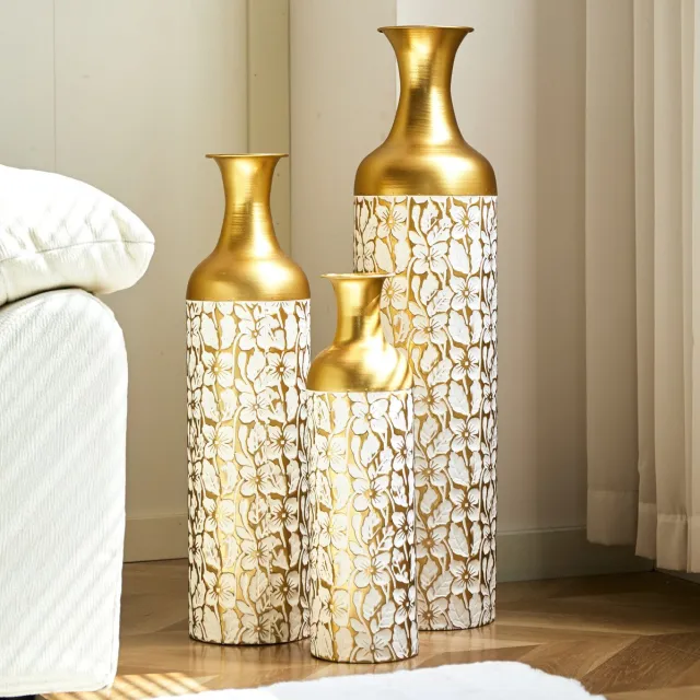 MODFU Bodenvase-Drie Delig-Goud-Wit-Metaal-Modern Goud+Wit