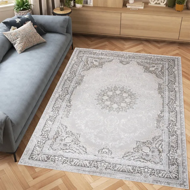 Tapiso Hera Vloerkleed Grijs Woonkamer Licht Vintage Frame Tapijt Lichtgrijs