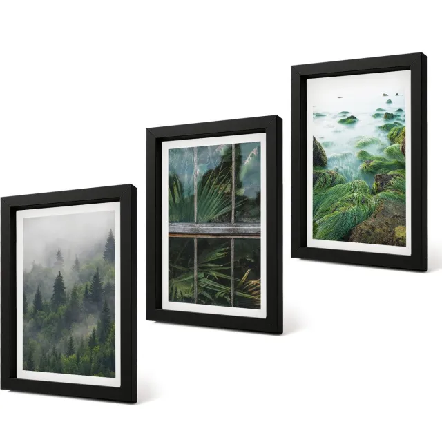 Coloray 4-Delige Schilderij Set - Bos in de mist, rivieroever en kas met planten - 20 x 30 cm - Wanddecoratie - Muurdecoratie - Woonkamer - Woonkamer Decoratie Zwarte lijst
