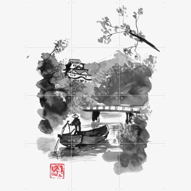 IXXI Bridge 2020, Péchane - 60 x 80 cm - Grote wanddecoratie en posters - Klassiek, Ukiyo-e, Illustraties, Aquarel, Woonkamer, Slaapkamer, Planten Monochroom / Lichte tinten / Zwart / Zwart en wit