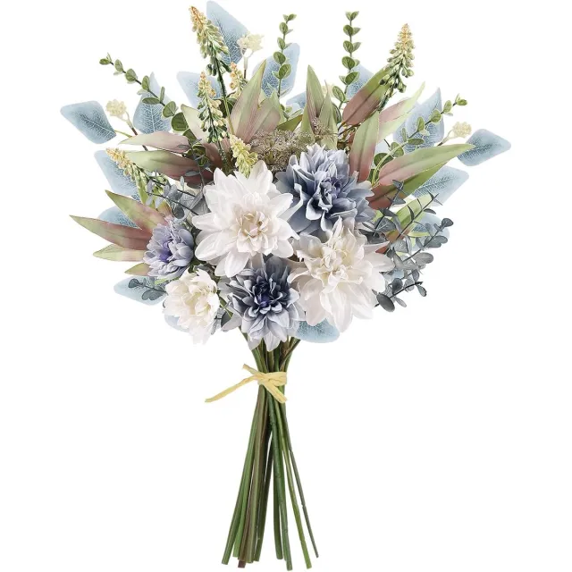 Famanu Kunstbloemen boeket voor decoratie - zijden bloemstukken kunstbloemen plant bruiloft bruid boeketten tafels centerpieces voor rustiek huisdecor indoor vaas bloemen tafel decor (blauw wit) Blue White