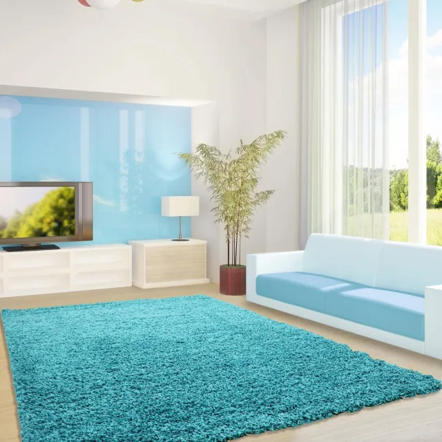 Ayyildiz Hoogpolig vloerkleed, effen kleur - turquoise, vloerkleed voor de woonkamer, jute achterkant, afmeting: 240 x 340 cm