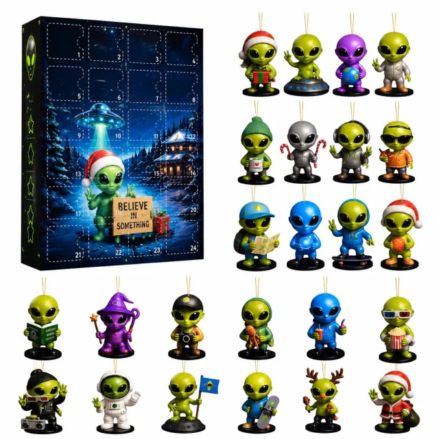 SWGOTA Adventskalender 2026 met 24 alienhangertjes, UFO-thema, ophanglusjes en zwarte voetjes, in kartonnen doos Groen