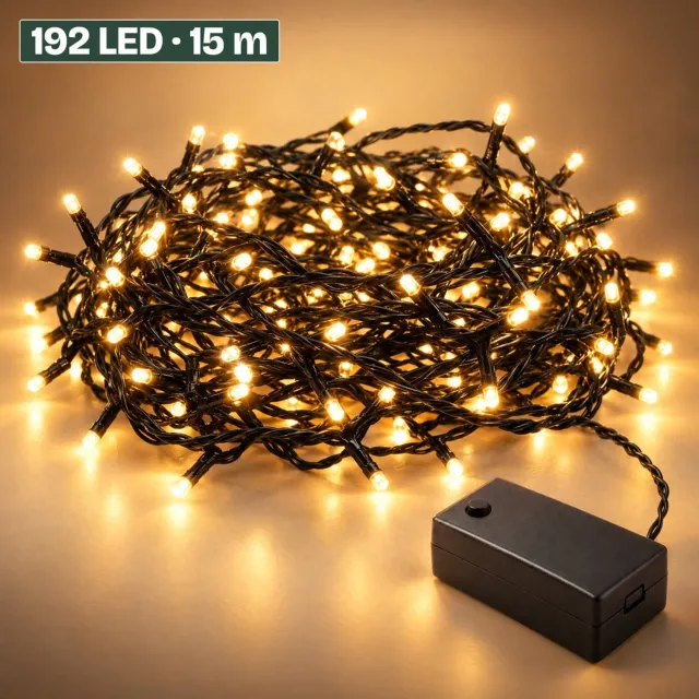 Levano Kerstverlichting 192 LED 15 m - Kerstverlichting Buiten op Batterij - Lichtsnoer voor Binnen en Buiten - LED Verlichting - Kerstlampjes - Kerstboomverlichting - Lichtslinger - Kerstlichtjes - Lichtsnoer Camping - Extra Warm Wit - Timer