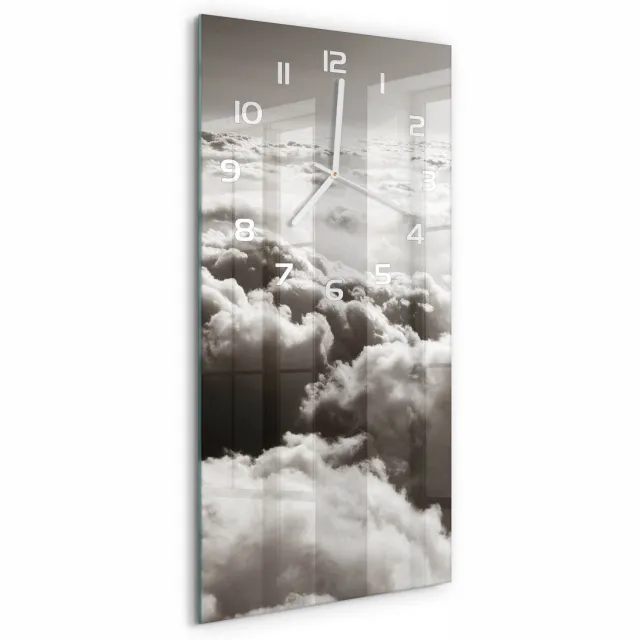 TULUP Wandklok - Wolken gezien vanuit vogelperspectief Moderne Wandklok Glas - 30x60 cm - Zwart-wit Wandklok Glas Decoratie - Witte handen - Rechthoekige Klok - Glazen Wandklok Design - Klok Glas Met Opdruk