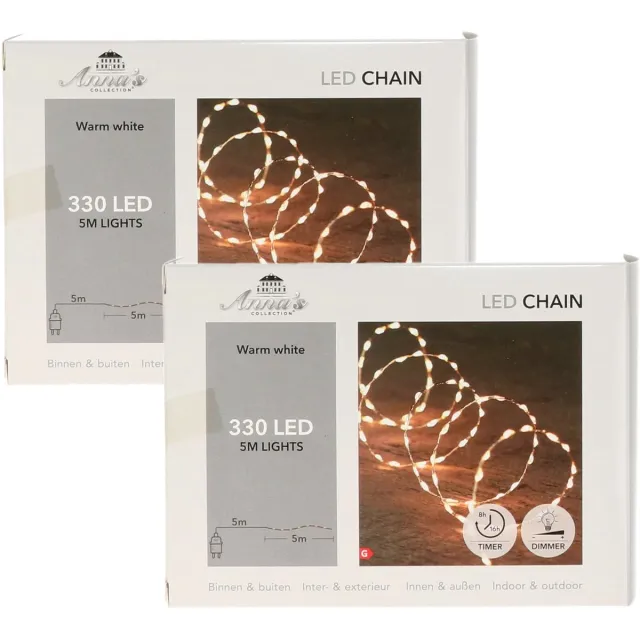 Anna's Collection Draadverlichting lichtsnoer - 2x - 330 leds - warm wit - zilver draad - 500 cm - lichtdraad - kerstverlichting