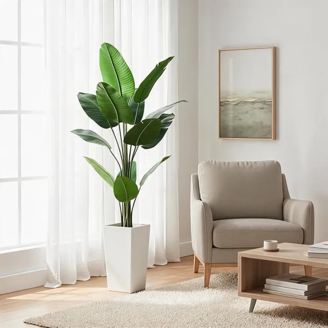 Triumpunpre Nep Reizigerspalm 4.8FT - Natuurlijke Houtstam - Onderhoudsvrije Tropische Decor groen