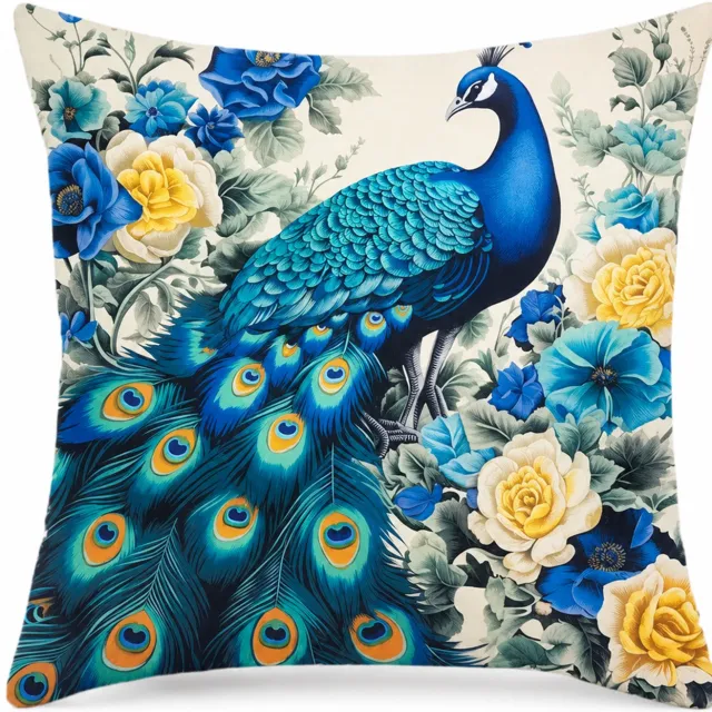 SWGOTA Kussenhoes met pauw en bloemen, 45 x 45 cm, kortpolig pluche, vierkant voor bankdecoratie Crème