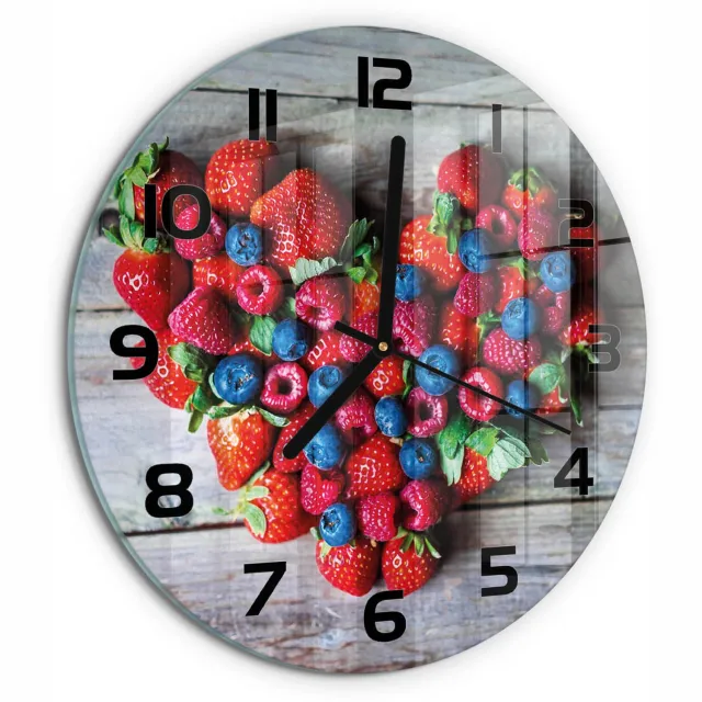 TULUP Wandklok - Hart van Fruit Gekleurde Glazen Klok - fi30 cm - Rood Glazen Klok Met Print - Zwarte handen - Ronde Klok - Moderne Wandklok Glas - Wandklok Glas Decoratie