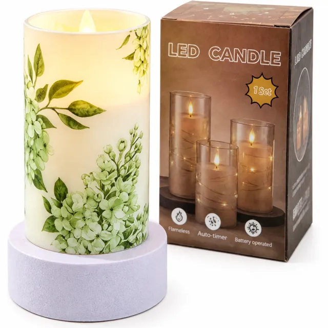 SWGOTA led kaarsen - Oplaadbare LED-kaars van 7,5 x 15 cm met botanische print, warm licht en ronde voet, met productdoos Groen