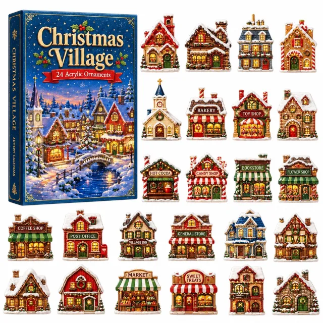 SWGOTA Adventskalender kerstdorp met 24 acryl decoraties - Huizen, winkels en kerk - Met geïllustreerde doos Rood