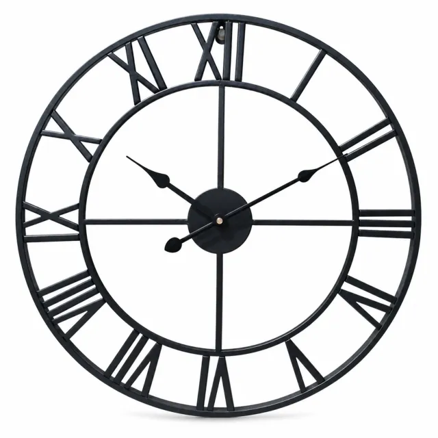 SWGOTA Zwarte ronde wandklok 40 cm van ijzer met Romeinse cijfers, open dubbele ring en analoge wijzers, retro wanddecoratie