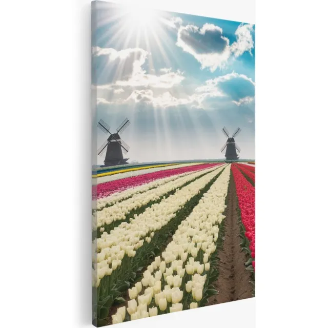 Saammp Canvas Schilderij - Kleurrijk Tulpenveld - Natuur - Landschap - 20x30 - Foto op canvas - Wanddecoratie - Muurdecoratie Woonkamer - Slaapkamer decoratie - Canvas Print Multicolor