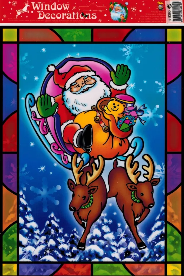 KadoDroom.nl Raamsticker Kerst - Kerstman Slee - 20x27 cm Blauw, Rood, Groen, Geel
