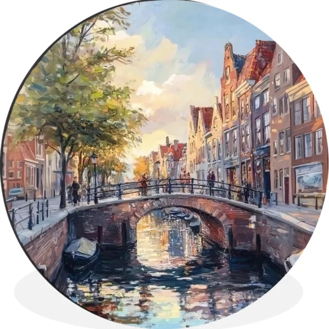 WallCircle Wandcirkel - Muurcirkel - Brug - Stad - Huizen - Boot - Aluminium - Dibond - 90x90 cm - Binnen en Buiten Brug - Stad - Gracht