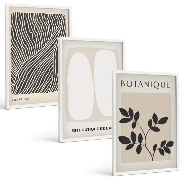 TULUP 3-Delige Schilderij Set - Bloemenpatronen en minimalistische lijnen in neutrale kleuren. - 40x60 - Wanddecoratie - Woonkamer Decoratie - Muurdecoratie Witte lijst
