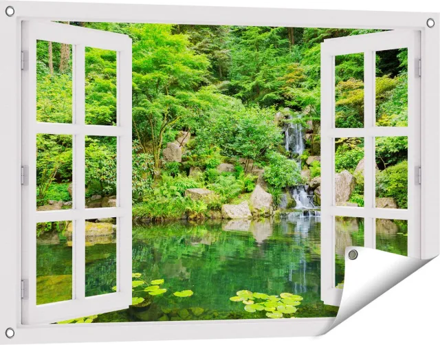 Gards Tuinposter Doorkijk Panorama van Japanse Tuin - 90x60 cm - Tuindoek - Tuindecoratie - Wanddecoratie buiten - Tuinschilderij Wit