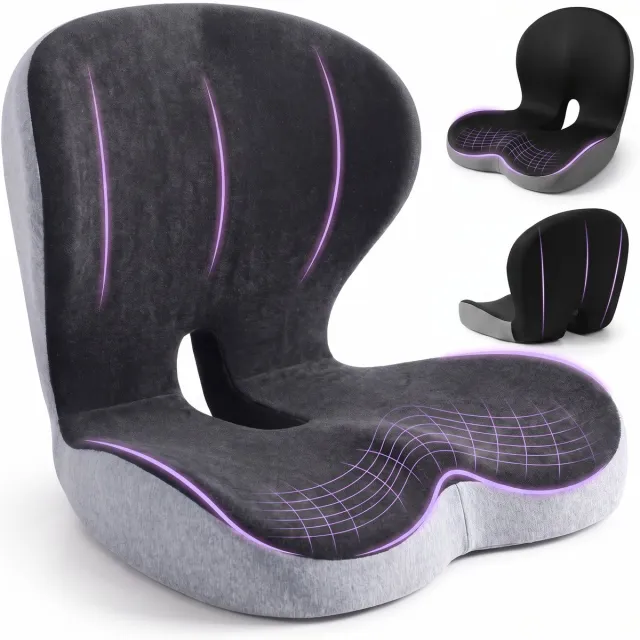 AIMASON Traagschuim Zitkussen met Rugleuning - Ergonomisch Stoelkussen - Comfortabel Bureau Kussen - Antislip Design Donkergrijs/Lichtgrijs - Traagschuim - Uitsparing achterin - Antislip onderkant - 44 x 42 x 32 cm - Tegen Rugpijn & Stuitpijn Donkergrijs + lichtgrijs