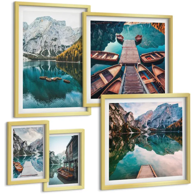 Coloray 5-Delige Schilderij Set - Bergmeren Met Houten Boten In Een Natuurlijke Stijl - 50 x 50 cm, 20 x 30 cm En 40 x 60 cm - Muurdecoratie - Wanddecoratie - Slaapkamer Gouden lijst