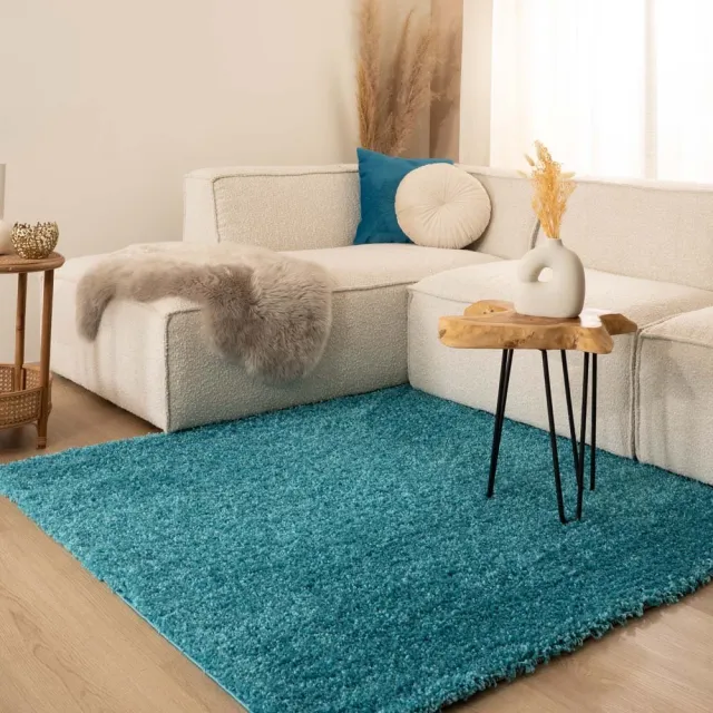 Tapeso Vierkant hoogpolig vloerkleed - Shaggy Trend turquoise 140x140