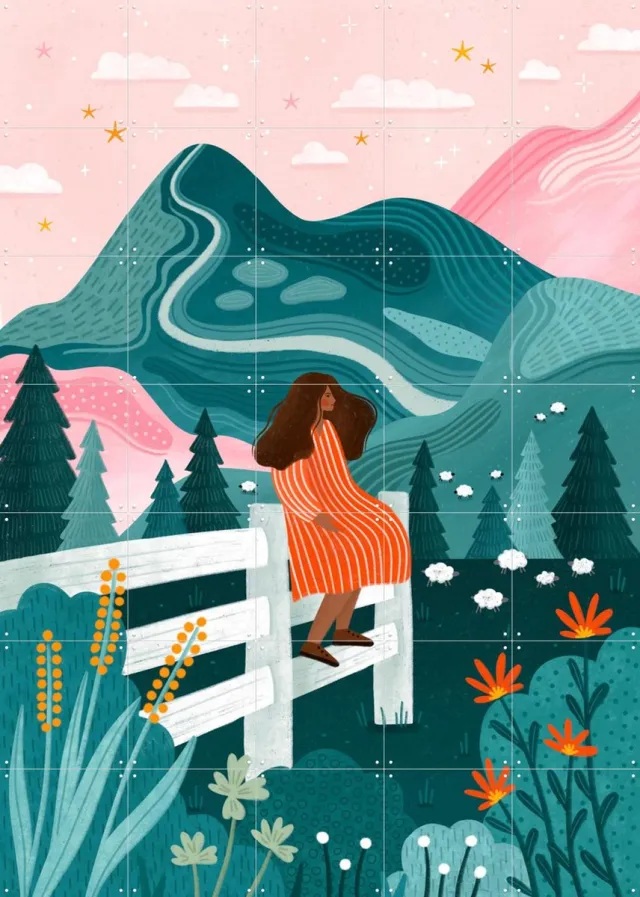 IXXI Dreamy Mountain View, Bea Müller & Various - 100 x 140 cm - Grote wanddecoratie en posters - Modern, Illustraties, Kleurrijk, Digitale Kunst Groen / Blauw / Roze