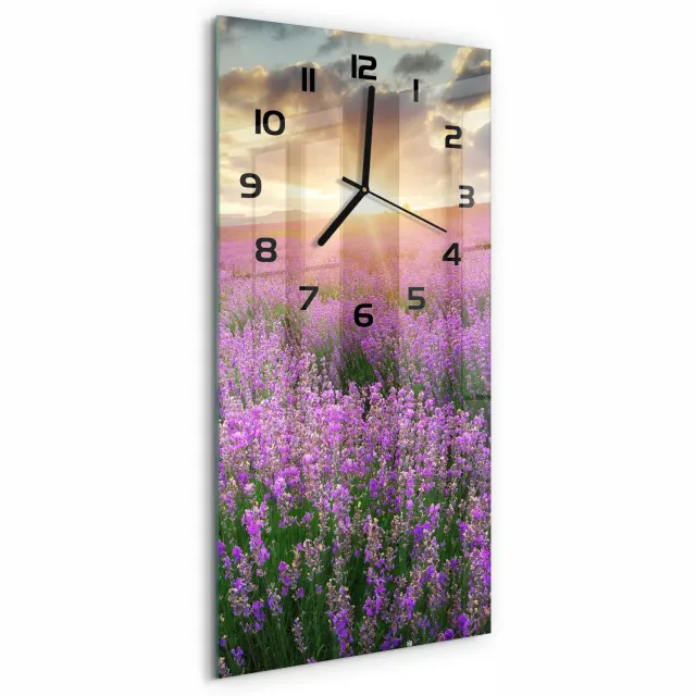 TULUP Wandklok - Lavendelveld Decoratieve Glazen Klok - 30x60 cm - Paars Glazen Wandklok Design - Zwarte handen - Rechthoekige Klok - Glazen Klok Met Print - Wandklok Glas Met Motief