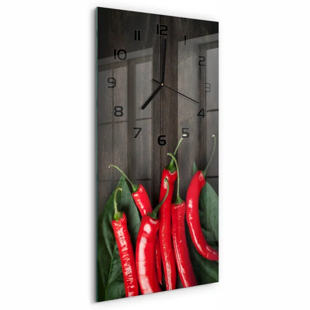 TULUP Wandklok - Chilipepers Decoratieve Glazen Klok - 30x60 cm - Rood Glazen Wandklok Design - Zwarte handen - Rechthoekige Klok - Glazen Klok Met Print - Wandklok Glas Met Motief
