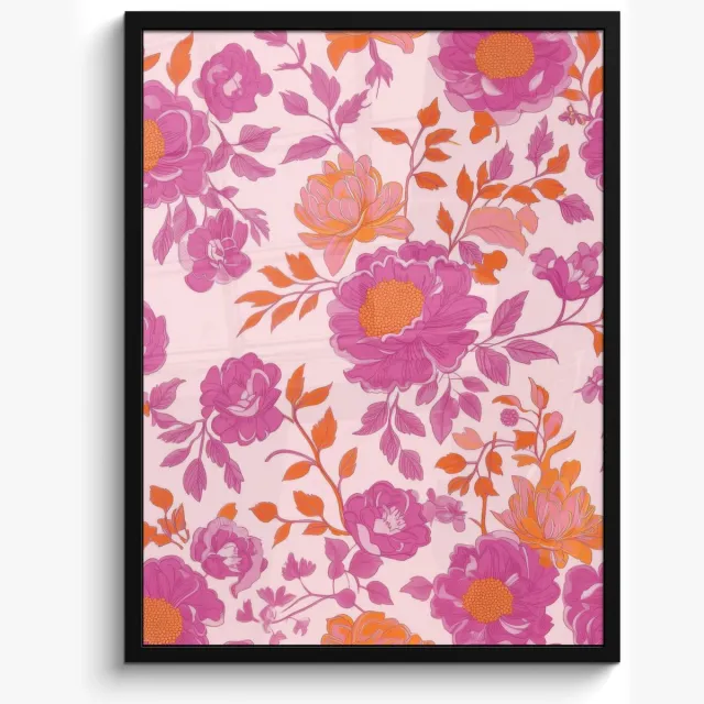 FrameYourWall Poster in lijst - Fotolijst 50x70 cm - Posters - Bloemenpatroon - Roze - Oranje - Bloemen - Posterlijst zwart - Decoratie - Wanddecoratie woonkamer - Muurdecoratie slaapkamer