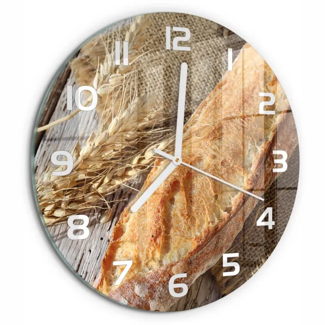 TULUP Wandklok - Verse baguette Wandklok Glas Met Motief - fi30 cm - Beige Decoratieve Glazen Klok - Witte handen - Ronde Klok - Gekleurde Glazen Klok - Glazen Klok Met Print