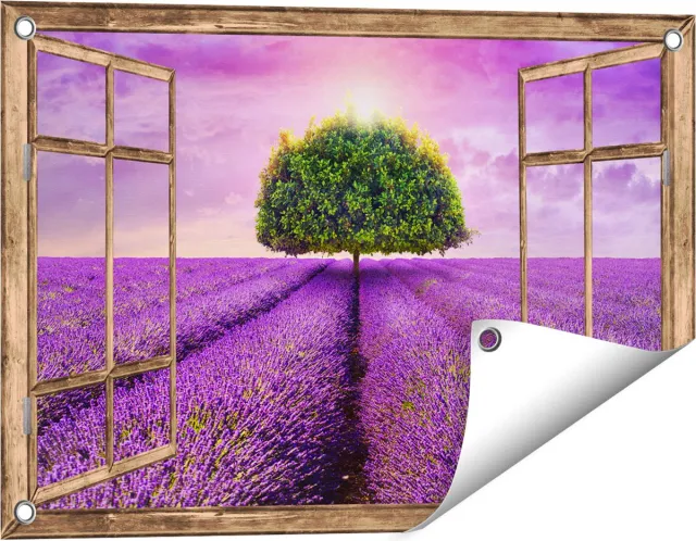 Gards Tuinposter Doorkijk Groene Boom in de Lavendel Bloemen - 60x40 cm - Tuindoek - Tuindecoratie - Wanddecoratie buiten - Tuinschilderij Licht bruin