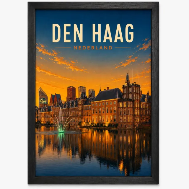 Joshimo Den Haag Poster | Retro Stadsillustratie Binnenhof | Inclusief Zwarte A4 Lijst