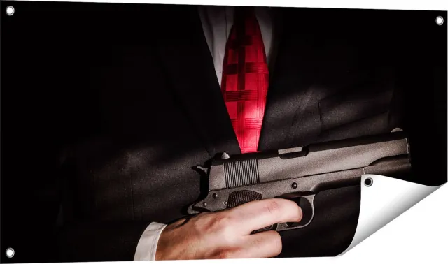 Gards Tuinposter Man van de Maffia met een Pistool Vast - 100x50 cm - Tuindoek - Tuindecoratie - Wanddecoratie buiten - Tuinschilderij Multikleur
