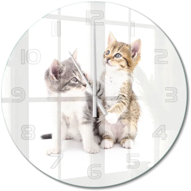 TULUP Wandklok - Twee kleine katjes Wandklok Glas Decoratie - fi60 cm - Beige Gekleurde Glazen Klok - Witte handen - Ronde Klok - Klok Glas Met Opdruk - Moderne Wandklok Glas