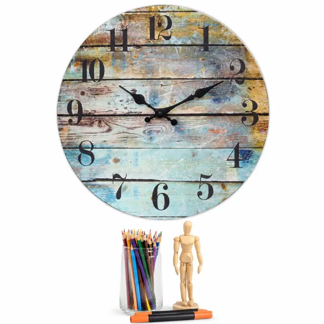 SWGOTA Ronde MDF-wandklok 14 inch met retro houtprint, zwarte cijfers en wijzers, stil uurwerk Blauwgrijs