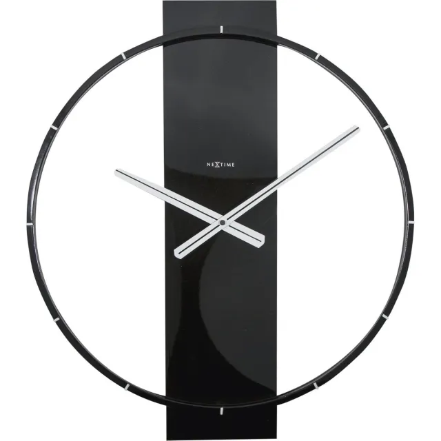 NeXtime Grote Zwarte Wandklok van Hout en Roestvrij Staal – Minimalistisch Design 58.5x50.5 cm Zilver
