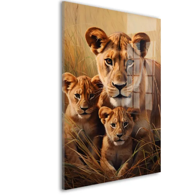 De Online Drukwinkel Glasschilderij Majestueuze leeuwenfamilie samen - 90 x 60 cm - Leeuwin - Dieren - Acrylaat - Inclusief wandbevestiging - Foto op plexiglas - Wanddecoratie woonkamer – Modern – Modern Goudbruin