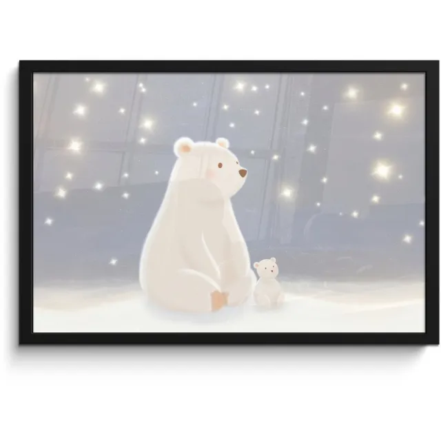 FrameYourWall Poster in lijst - Fotolijst 60x40 cm - Posters - Ijsbeer - Sneeuw - Sterren - Blauw - Posterlijst zwart - Decoratie - Wanddecoratie woonkamer - Muurdecoratie slaapkamer