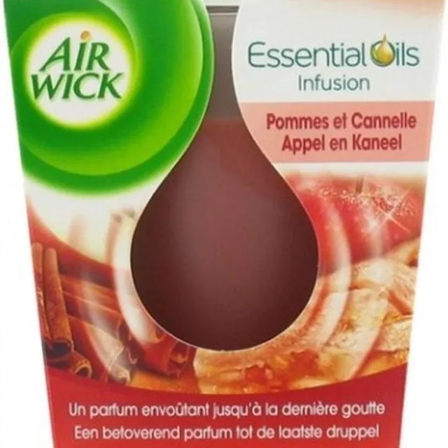 Air Wick Essential Oils Geurkaars Appel en Kaneel - 105 g - Geurkaars - Apple Cinnamon candle Glazen pot kaars en kaarsvet is bordeaux.