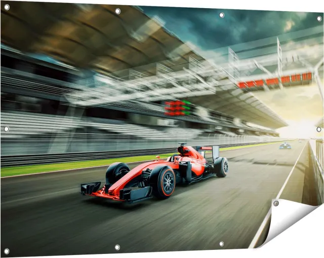 Gards Tuinposter Formule 1 Auto bij de Finish in het Rood - 120x80 cm - Tuindoek - Tuindecoratie - Wanddecoratie buiten - Tuinschilderij Multikleur