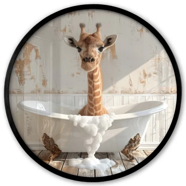 FrameYourWall Poster in lijst Rond - Fotolijst 40x40 cm - Posters - Giraf - Badkuip - Vintage - Dieren - Ronde posterlijst zwart - Decoratie - Wanddecoratie woonkamer - Muurdecoratie slaapkamer