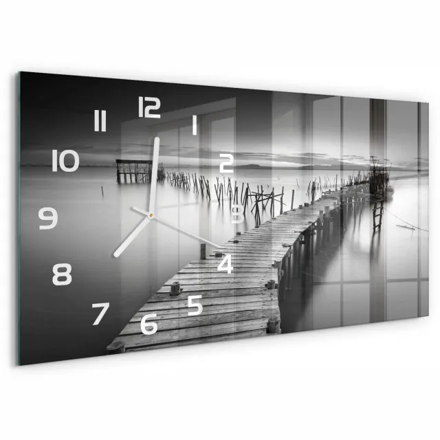 TULUP Wandklok - Houten brug Moderne Wandklok Glas - 60x30 cm - Zwart-wit Wandklok Glas Decoratie - Witte handen - Rechthoekige Klok - Glazen Wandklok Design - Klok Glas Met Opdruk
