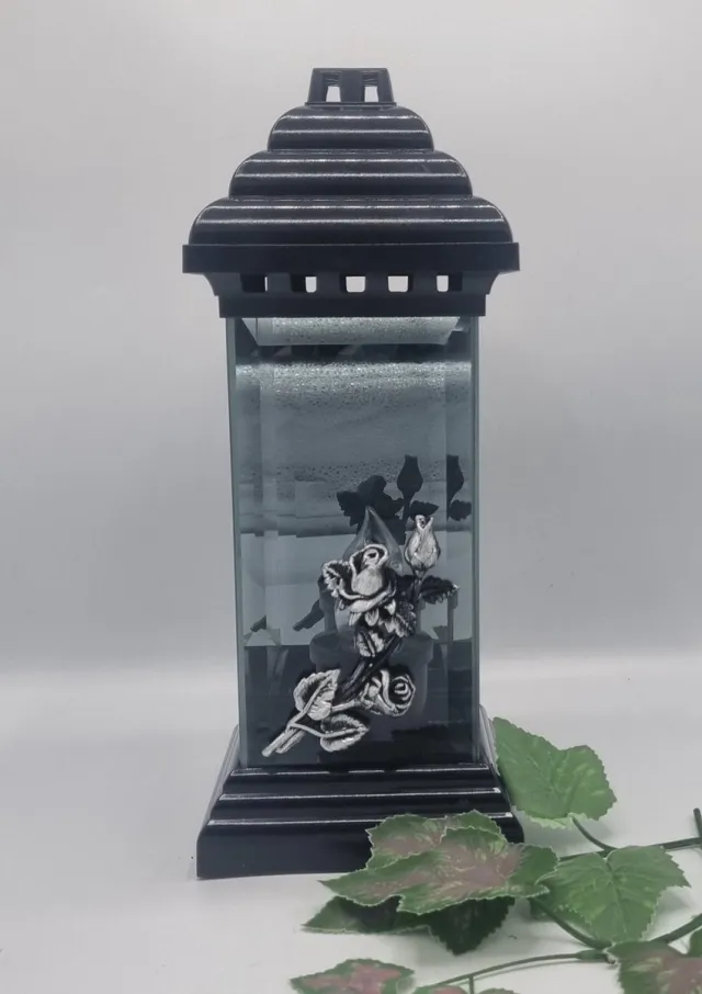 Herdenkinglichjtjes Herdenkingslicht - L-9GR - Lantaren - Roos - Zwart - Grijs glas - Spiegel - Windlicht - Graflicht - Graflantaren Zwart/Zilver