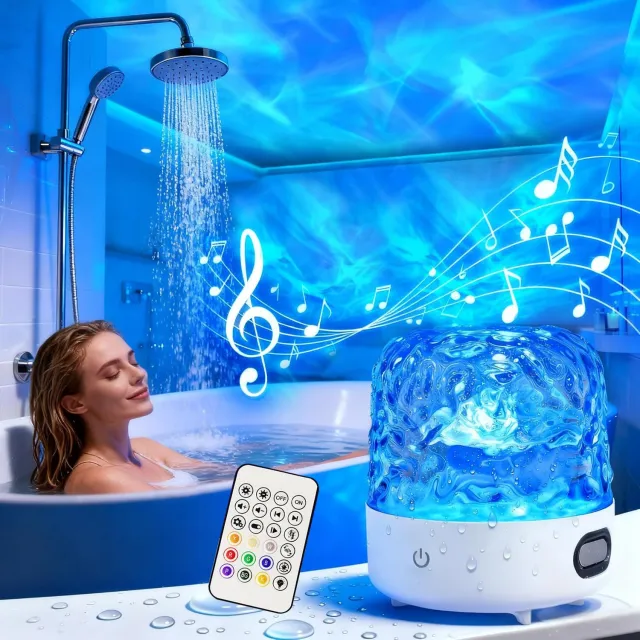 Namajunas Douchelamp - Waterbestendige Badkamerlamp - Bluetooth Speaker - Met 4 Witte Ruis & Lampenkap - Oceangolf Projector - 16 Kleuren - Sfeerlamp - Oplaadbare - Met Aanraak & Afstandsbediening - Badkamerverlichting - Voor Douche en Badkuip